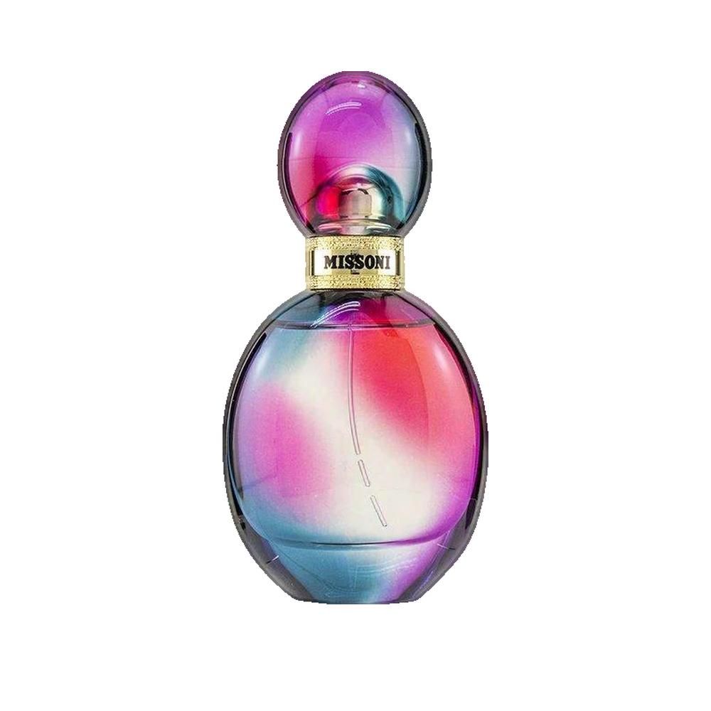 Ronde flacon met ovale dop. Kleurovergang van blauw naar roze. Gouden sluiting met "MISSONI" opschrift.