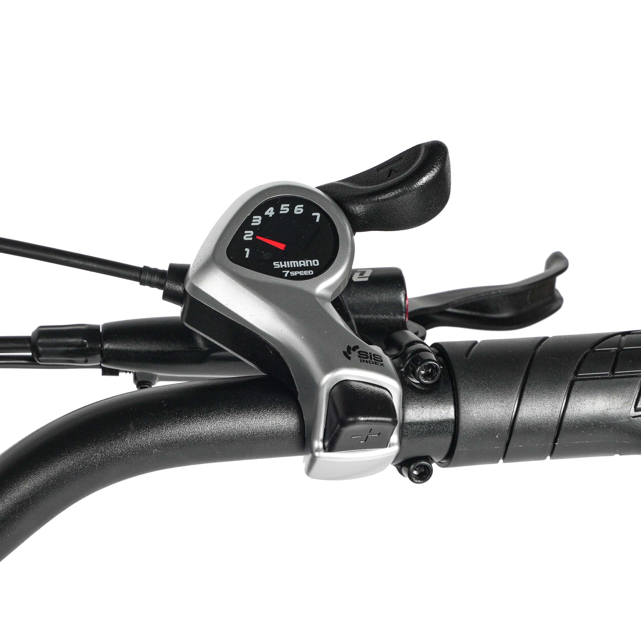 Close-up van de Shimano 7-versnellingsschakelaar. Zilverkleurig met zwarte bedieningselementen. Cijfers 1-7.