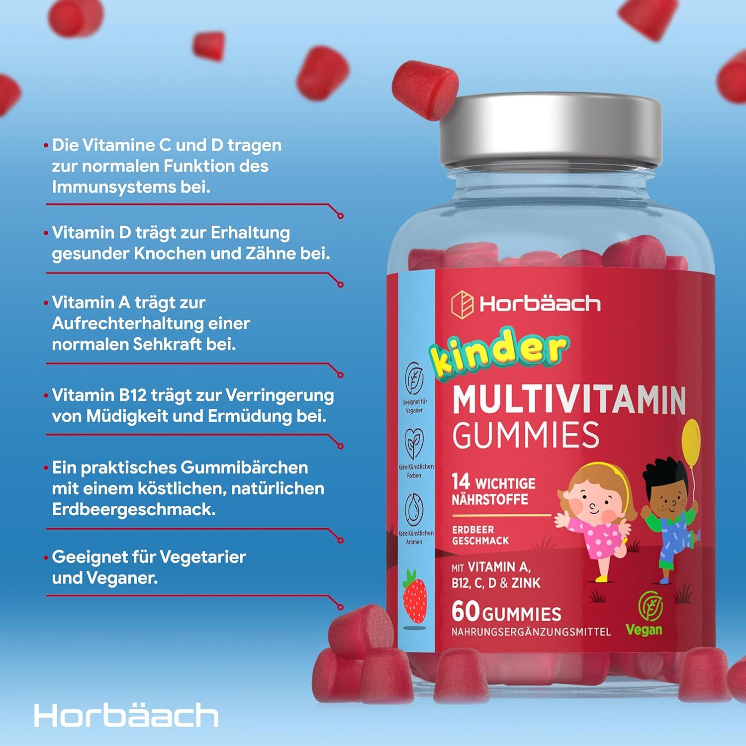 Flacon de Horbaach Kinder Multivitamin Gummies avec texte sur les bienfaits. Gommes rouges en mouvement.