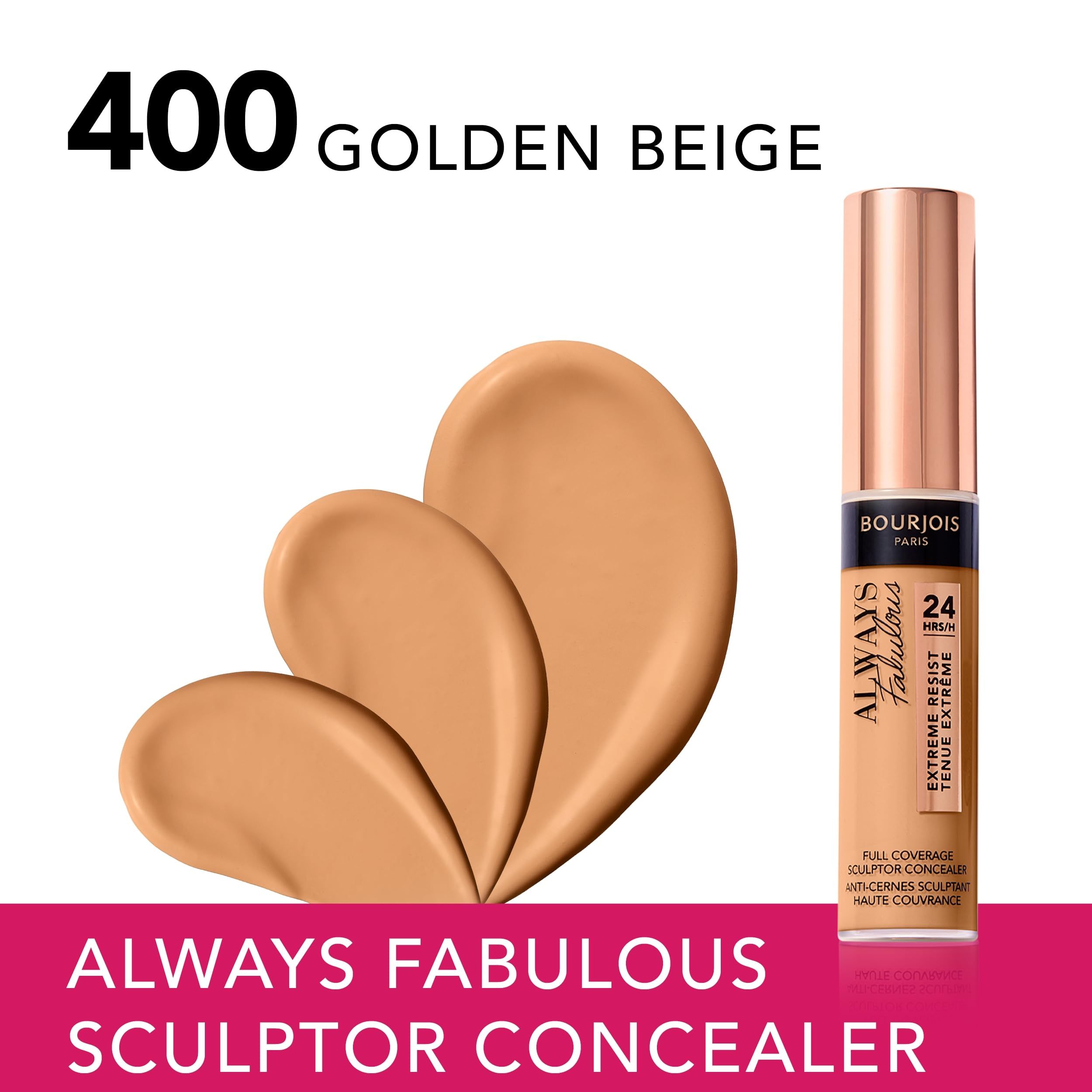 Flacon de correcteur et échantillons. Teinte beige doré. Marque Bourjois. Texte : Always Fabulous, 24H, Extreme Resist.