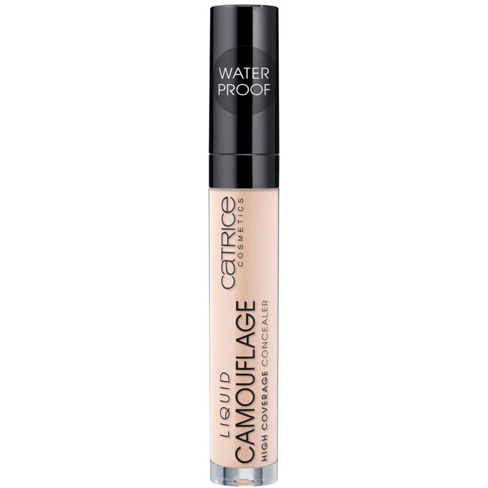 Tube de correcteur avec bouchon noir. Inscription : CATRICE, LIQUID CAMOUFLAGE, HIGH COVERAGE CONCEALER. Texte : WATER PROOF.