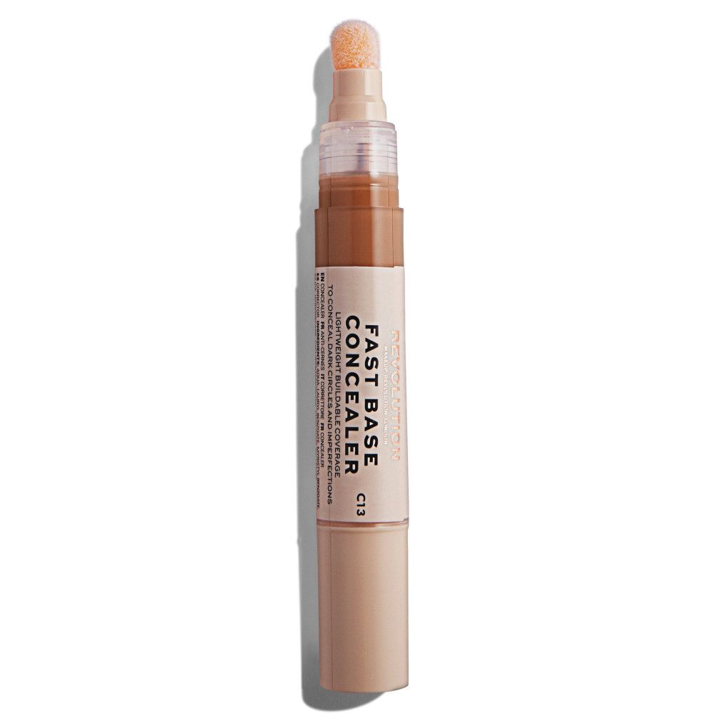 Concealer en bâton avec applicateur éponge. Inscription: Fast Base Concealer, teinte C13. Dégradé de marron clair à beige.