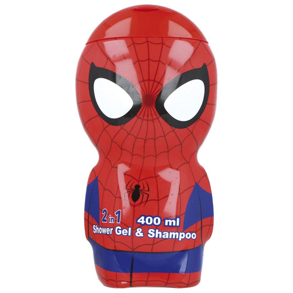 Rode Spiderman fles, 2-in-1 douchegel & shampoo, 400 ml. Spiderman gezicht met ogen, spinnenweb ontwerp, blauwe accenten.