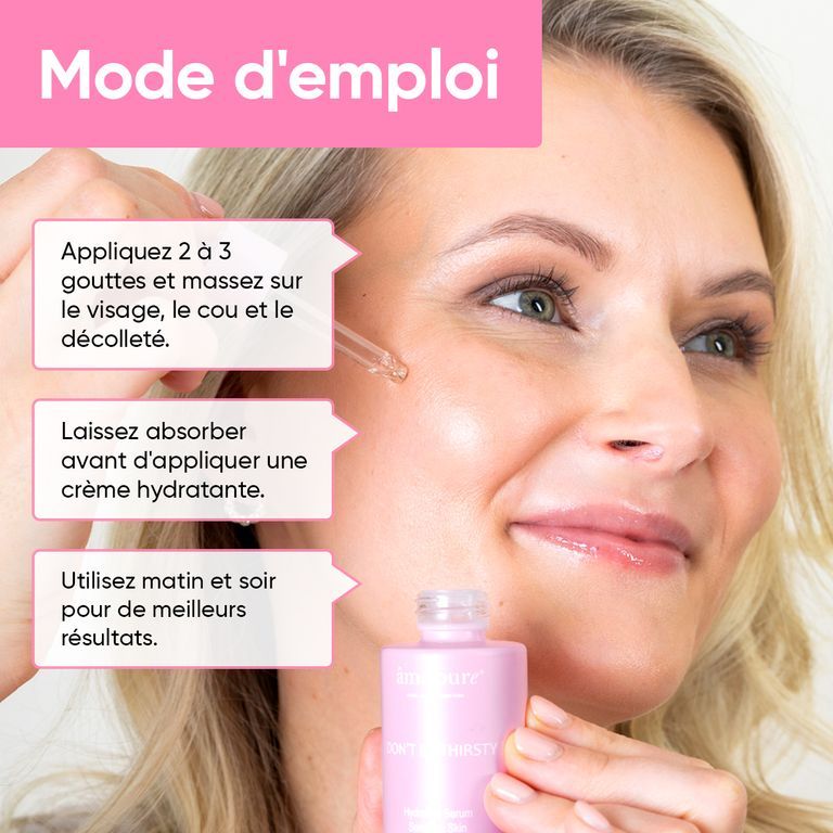 Pipette de sérum avec des zones de texte listant les ingrédients et leurs bienfaits.