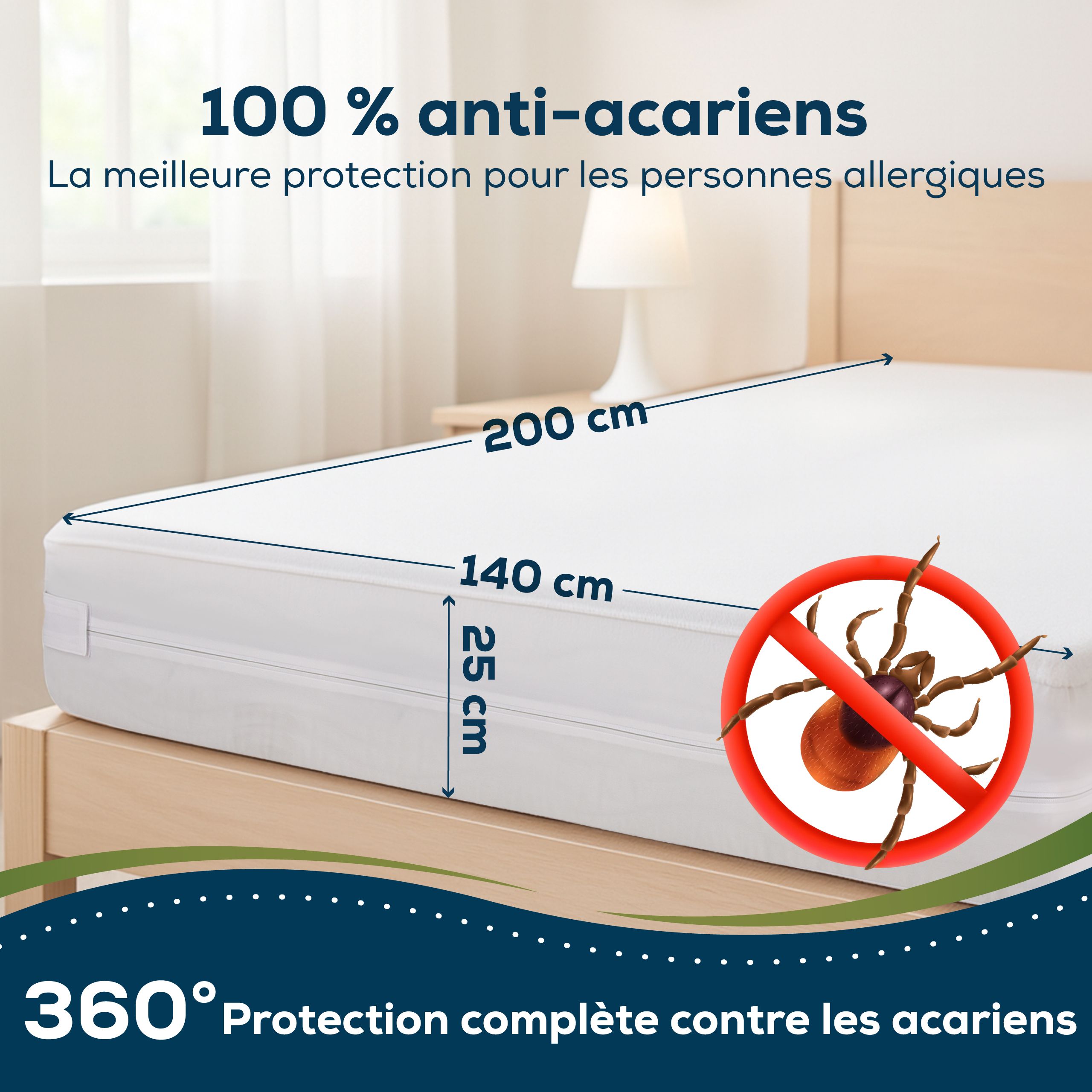 Protège-matelas blanc, 140x200 cm, hauteur 25 cm. Panneau d'interdiction avec acarien.