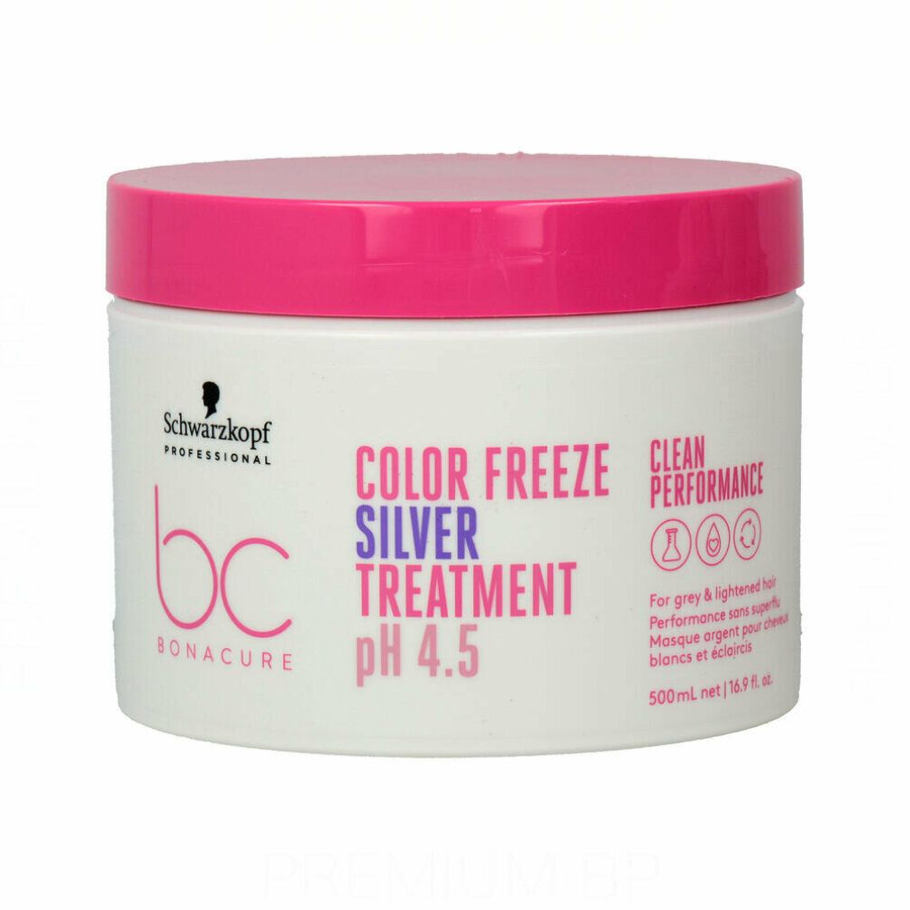 Witte pot met roze deksel. Opschrift: Schwarzkopf, BC Bonacure, Color Freeze Silver Treatment pH 4.5. Voor grijs en gebleekt haar.