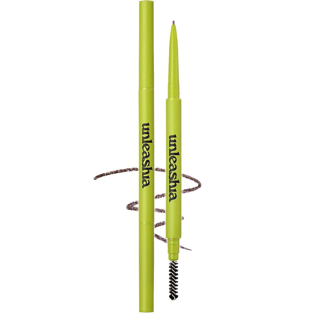Deux crayons à sourcils UNLEASHIA. Stylos vert-jaune avec brosse noire et lettrage. Un stylo avec pointe, un avec brosse.