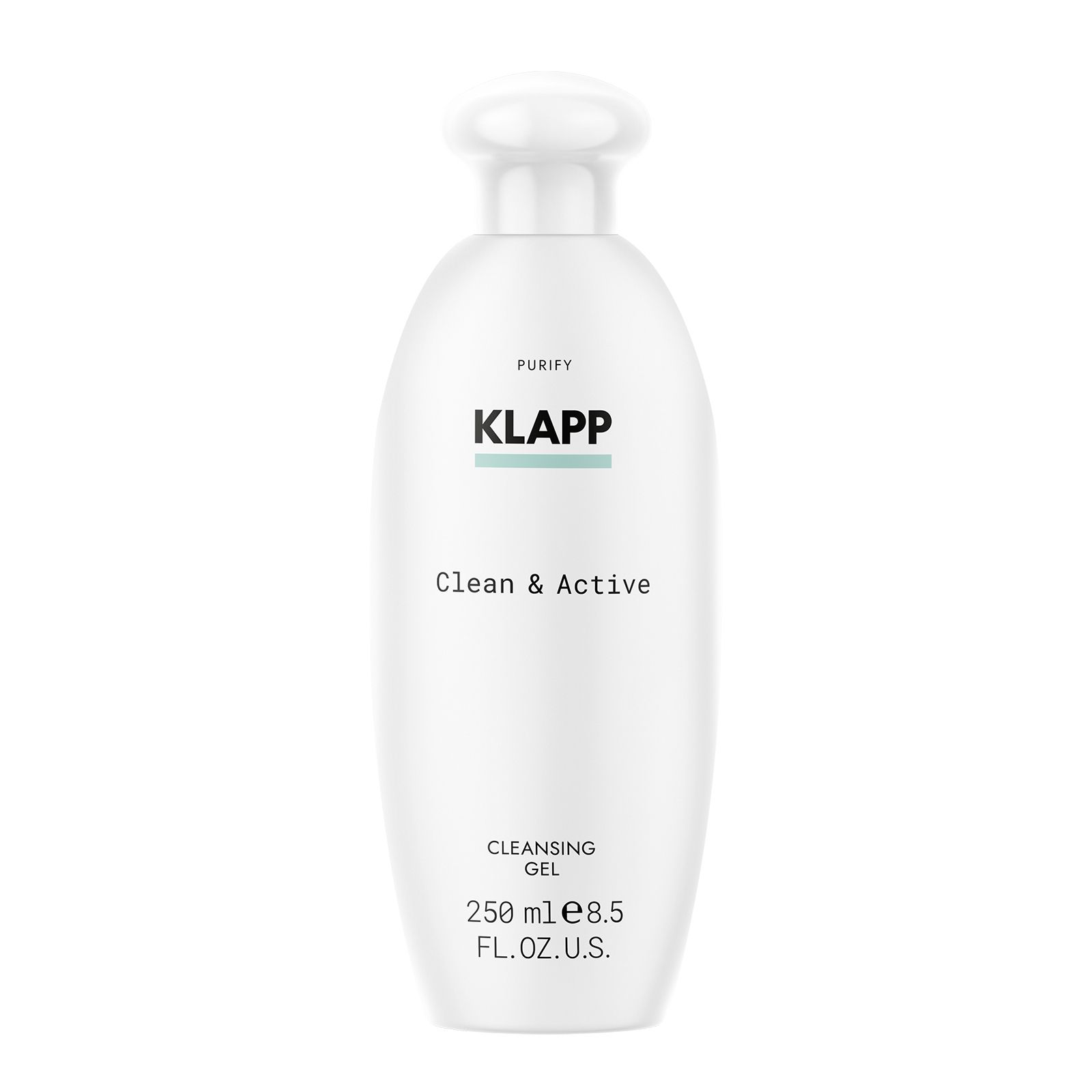 Witte fles met Klapp-logo, tekst Clean & Active en Cleansing Gel. Inhoud: 250 ml.