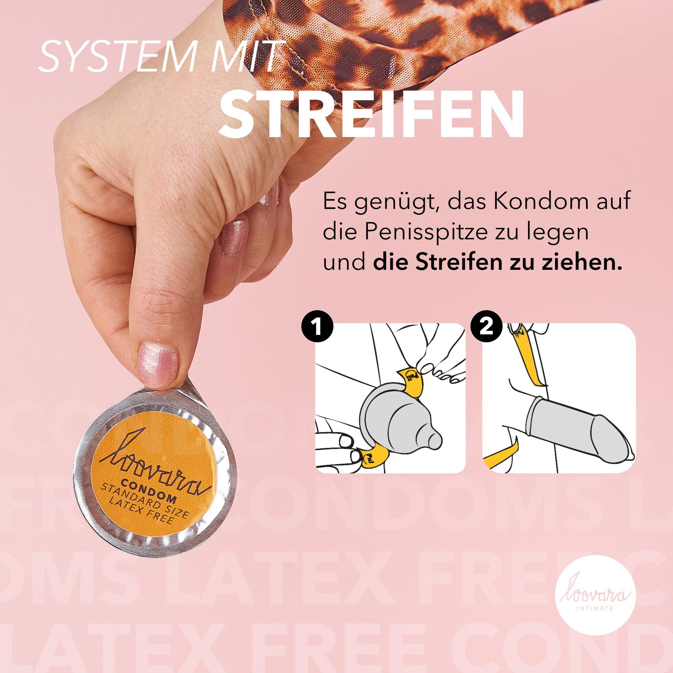 Verpakking met 12 latexvrije condooms, standaardmaat, met individuele opdruk.
