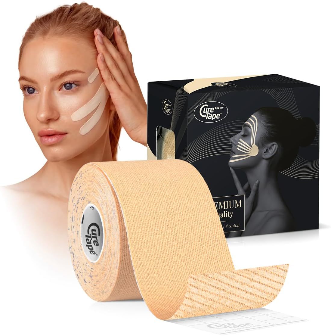 Rol en verpakking CureTape Beauty Kinesiologie Tape met vrouwen gezicht.