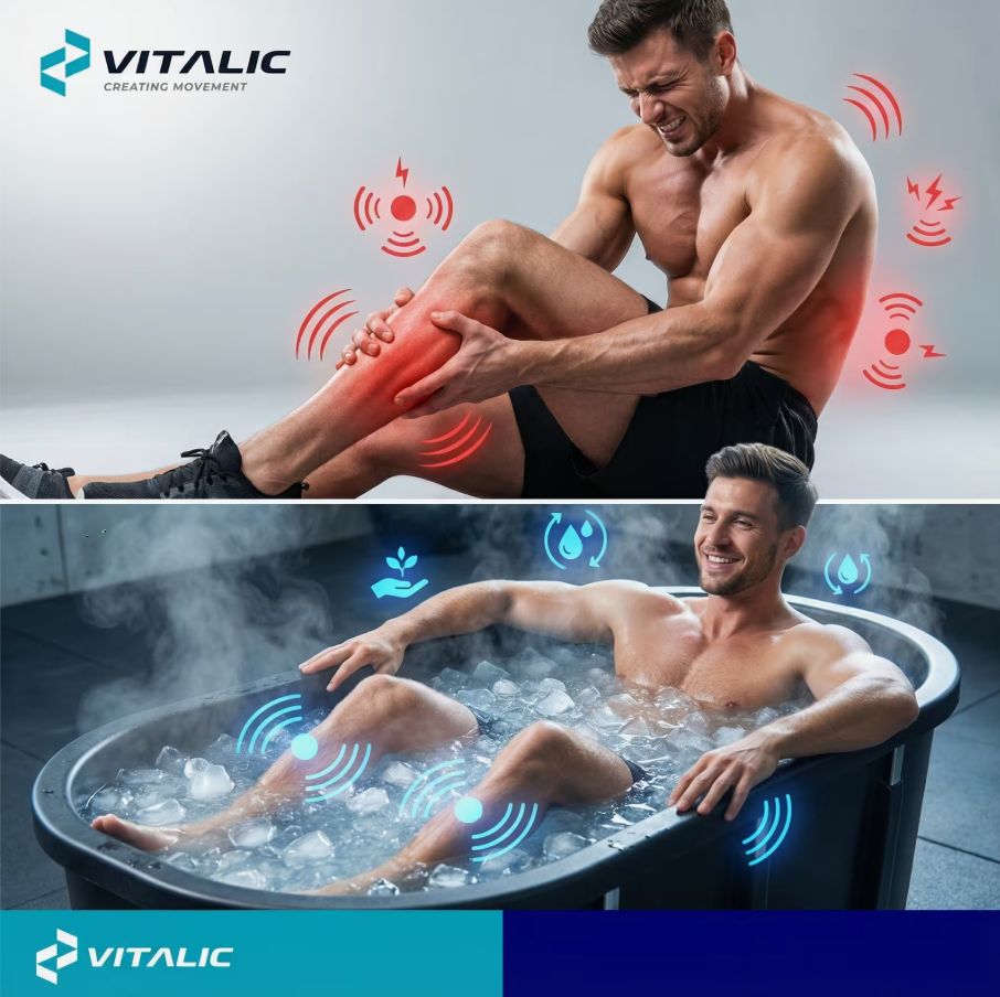 Deux images: homme avec douleur et homme dans bain de glace. Logo VITALIC en bas. Symboles rouges pour la douleur et bleus pour la récupération.