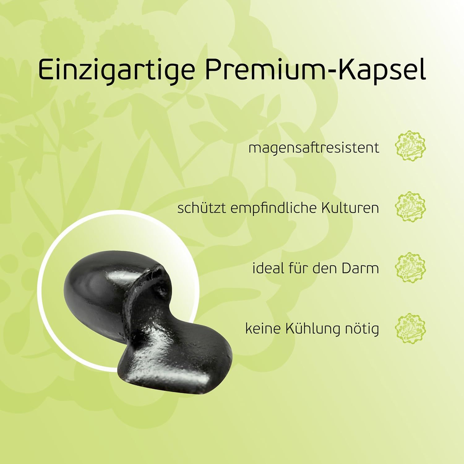 Gros plan d'une capsule premium Dr. OHHIRA, résistante aux sucs gastriques.