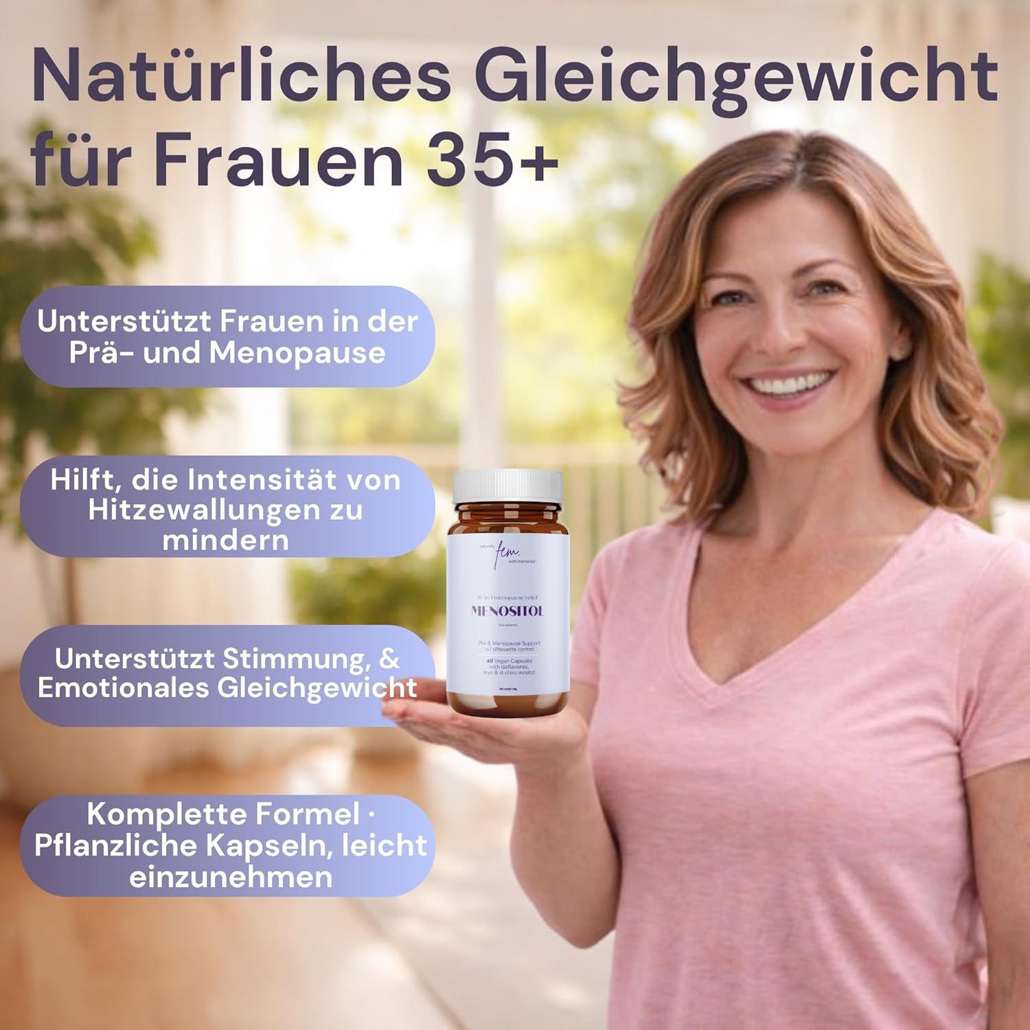 Femme tenant une bouteille de gélules QSTA FEM Myo-Inositol + D-Chiro-Inositol.