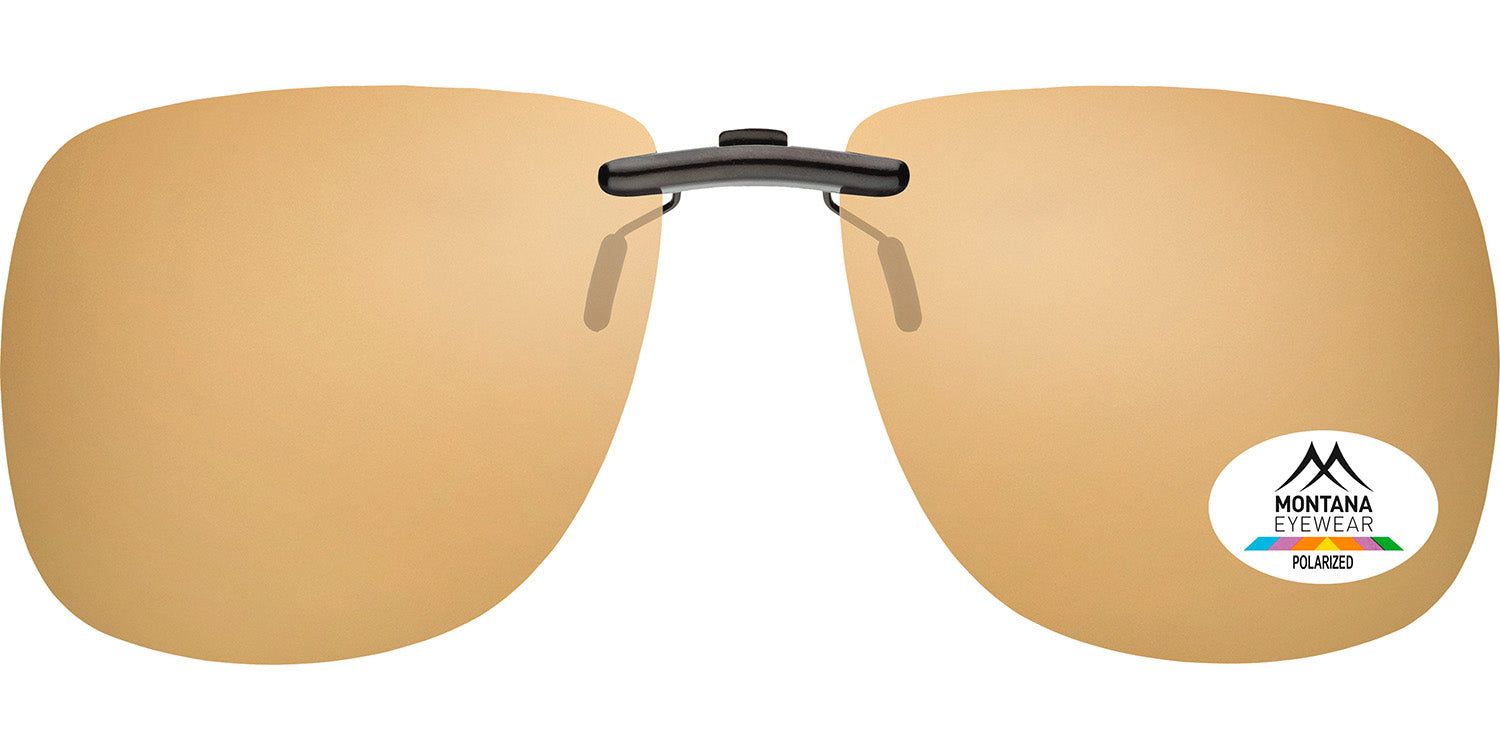 Clip-on solaire avec verres bruns. Monture noire. Logo Montana Eyewear et autocollant Polarized.