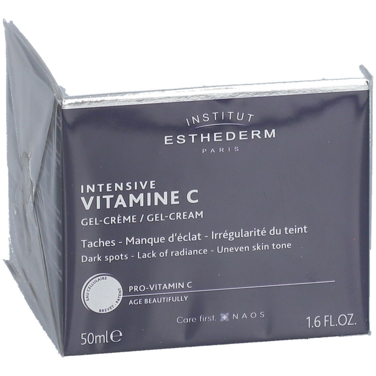 Boîte bleu foncé ouverte avec texte. INSTITUT ESTHEDERM, INTENSIVE VITAMINE C GEL-CREME. 50ml, 1.6 FL.OZ.