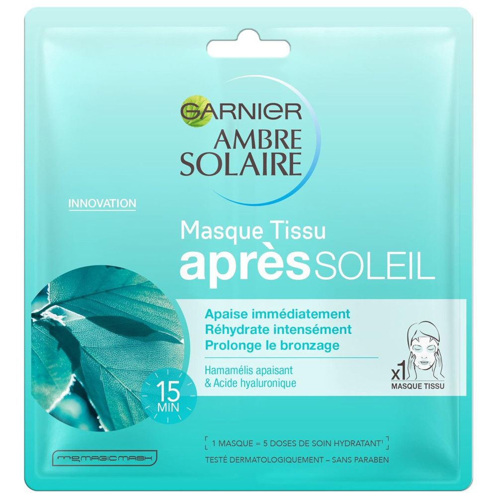 Achterkant van Garnier Ambre Solaire tissue mask. Lichtblauwe verpakking. Productinformatie en ingrediënten. Tekst: Après Soleil. Gebruiksaanwijzing met illustraties.