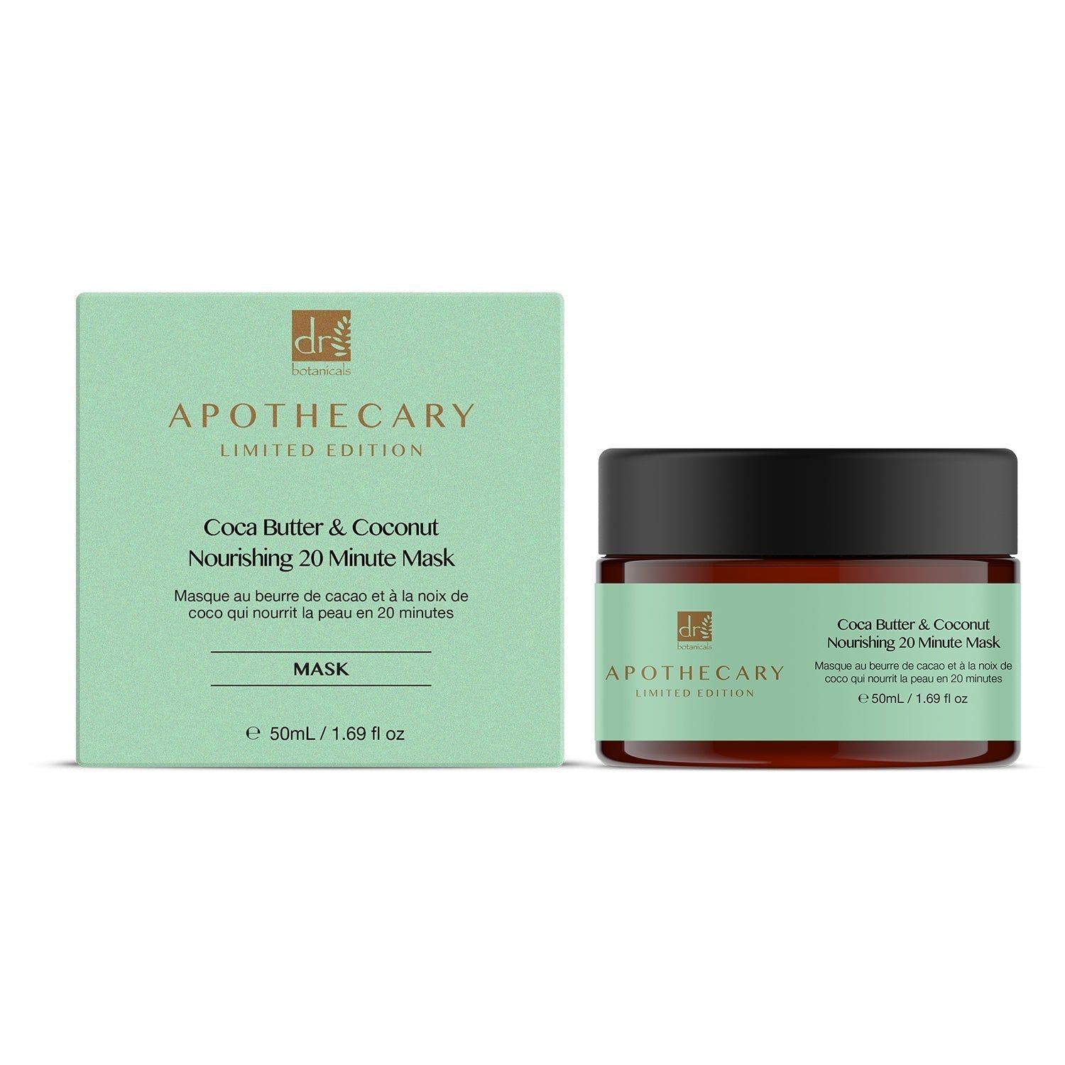Productverpakking met pot en doos. Pot met zwart deksel en groen etiket. Doos met tekst: Cocoa Butter & Coconut Mask.