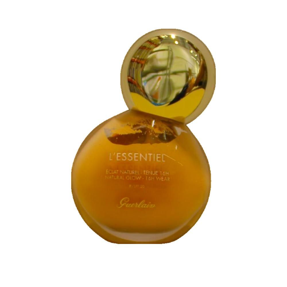 Flacon rond avec bouchon doré. Inscription: L'Essentiel, Guerlain. Fond de teint liquide.