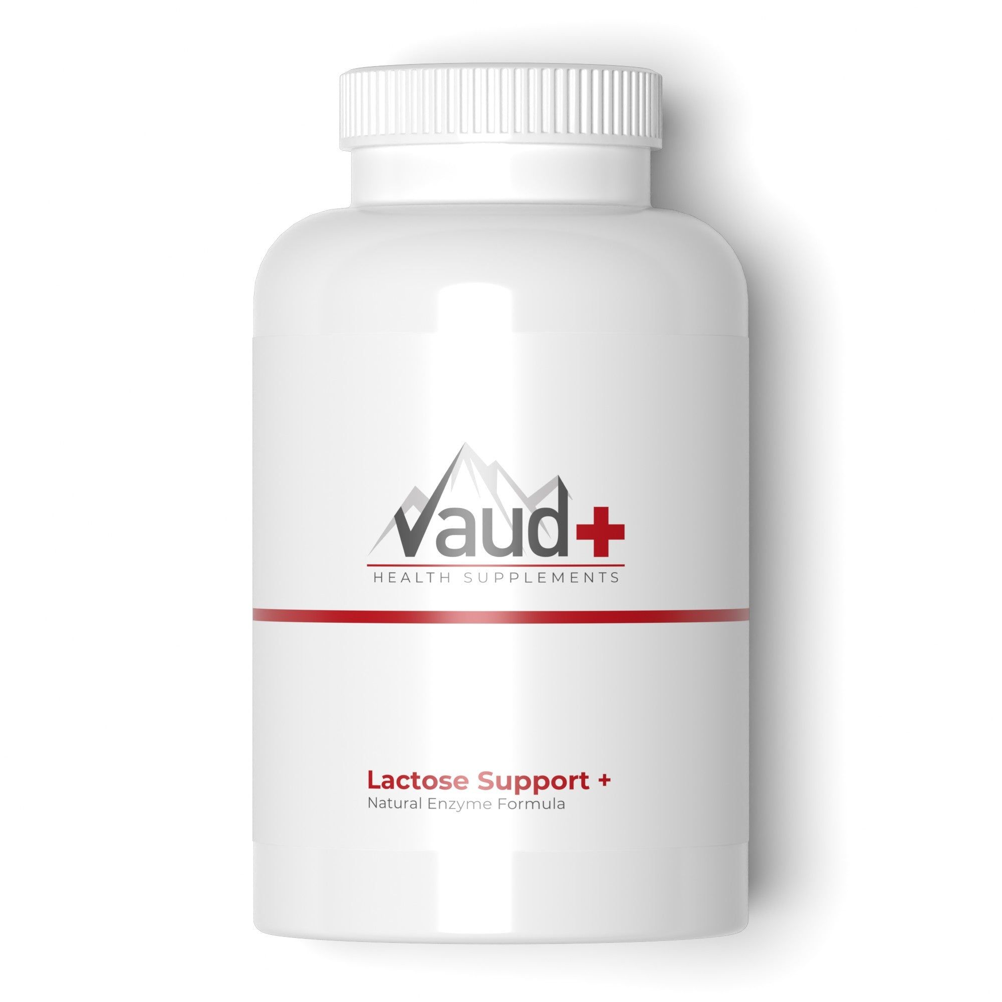 Flacon blanc avec bouchon à vis. Bande rouge et logo Vaud+ HEALTH SUPPLEMENTS. Inscription: Lactose Support + Natural Enzyme Formula.