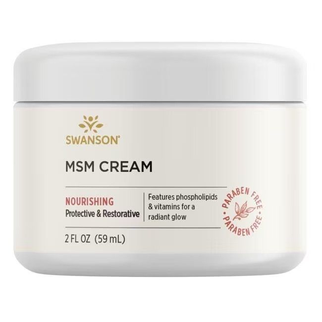 Witte pot met opschrift SWANSON MSM CREAM. Bevat 59 ml. Met zegel «Paraben Free».