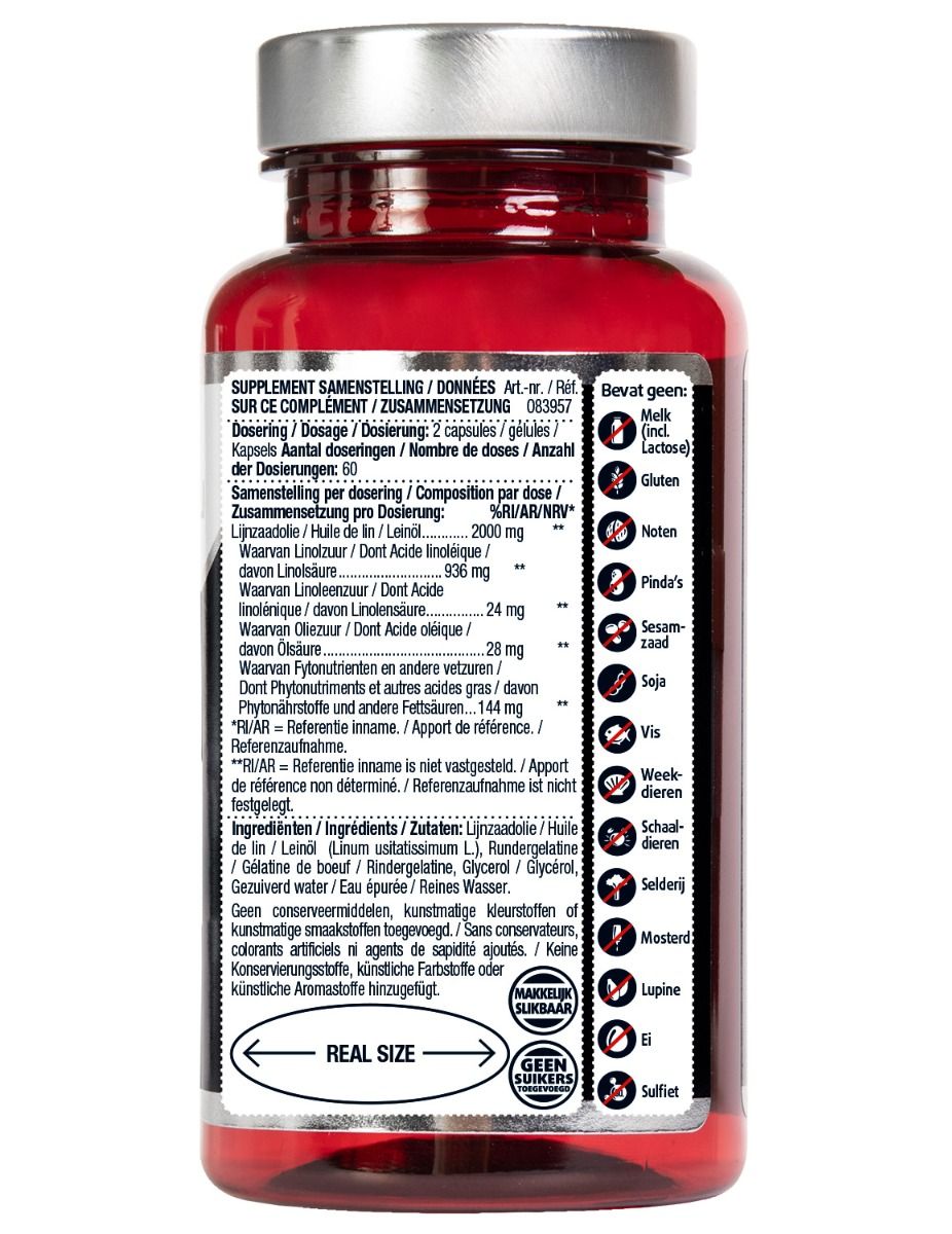 Achterkant van een rode capsulefles. Tekst: Supplement samenstelling, ingrediënten, voedingswaarde, waarschuwingen, allergenen.