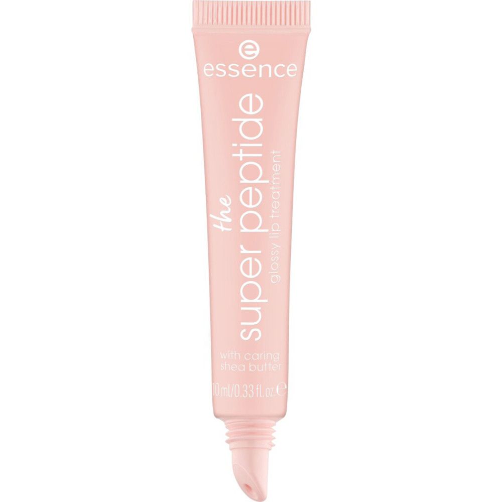 Tube rose avec texte. Inscription: Essence, The Super Peptide, glossy lip treatment. Avec beurre de karité. 10 ml. Applicateur visible.