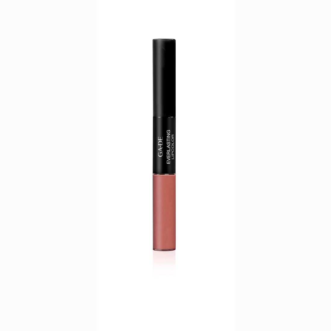Ga-De Everlasting Lipcolor. Dubbele lippenstift. Zwarte dop, roze lipkleur. Productnaam en merk zichtbaar.