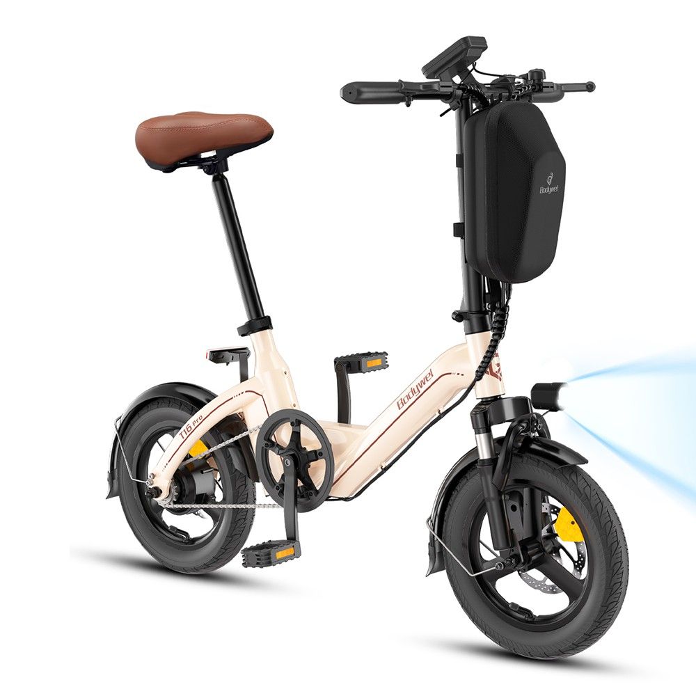 Vélo électrique pliable crème, selle marron, éléments noirs. Phare avant allumé. Inscription "Bodywel".