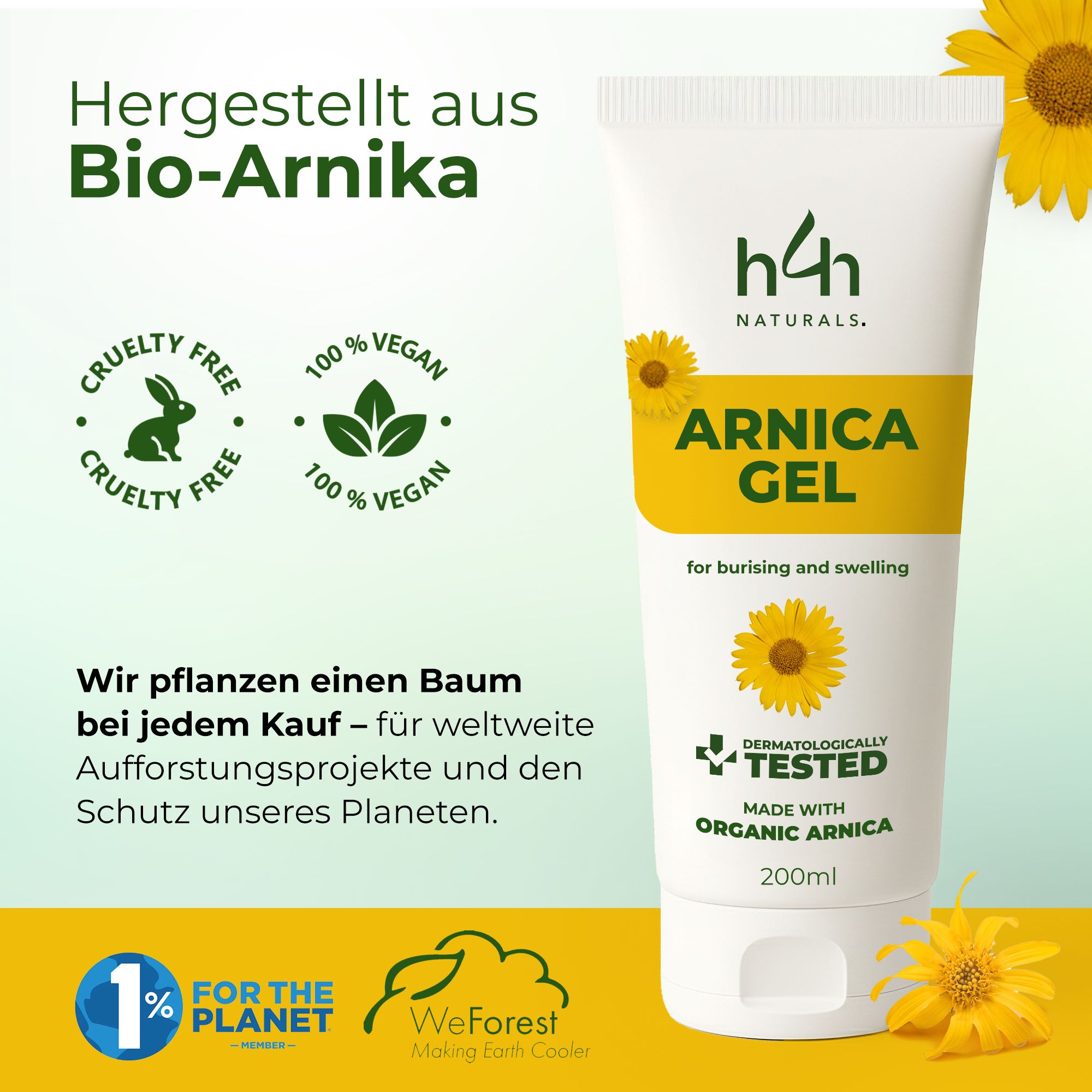 Witte en gele tube Arnika Gel, h4h Naturals. Logo's: Cruelty Free, Vegan, 100% Vegan. Tekst: Gemaakt met biologische arnica.