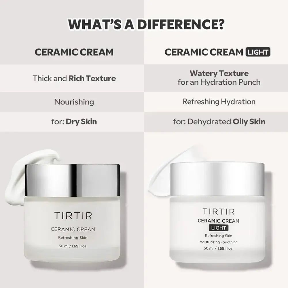 Comparaison TIRTIR Ceramic Cream et Ceramic Cream Light. Pots blancs. Texte: Thick and Rich Texture, Watery Texture.