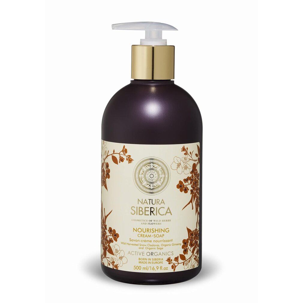 Donkerbruine fles met gouden pomp. Etiket met bloemmotief en tekst. Logo: Natura Siberica.