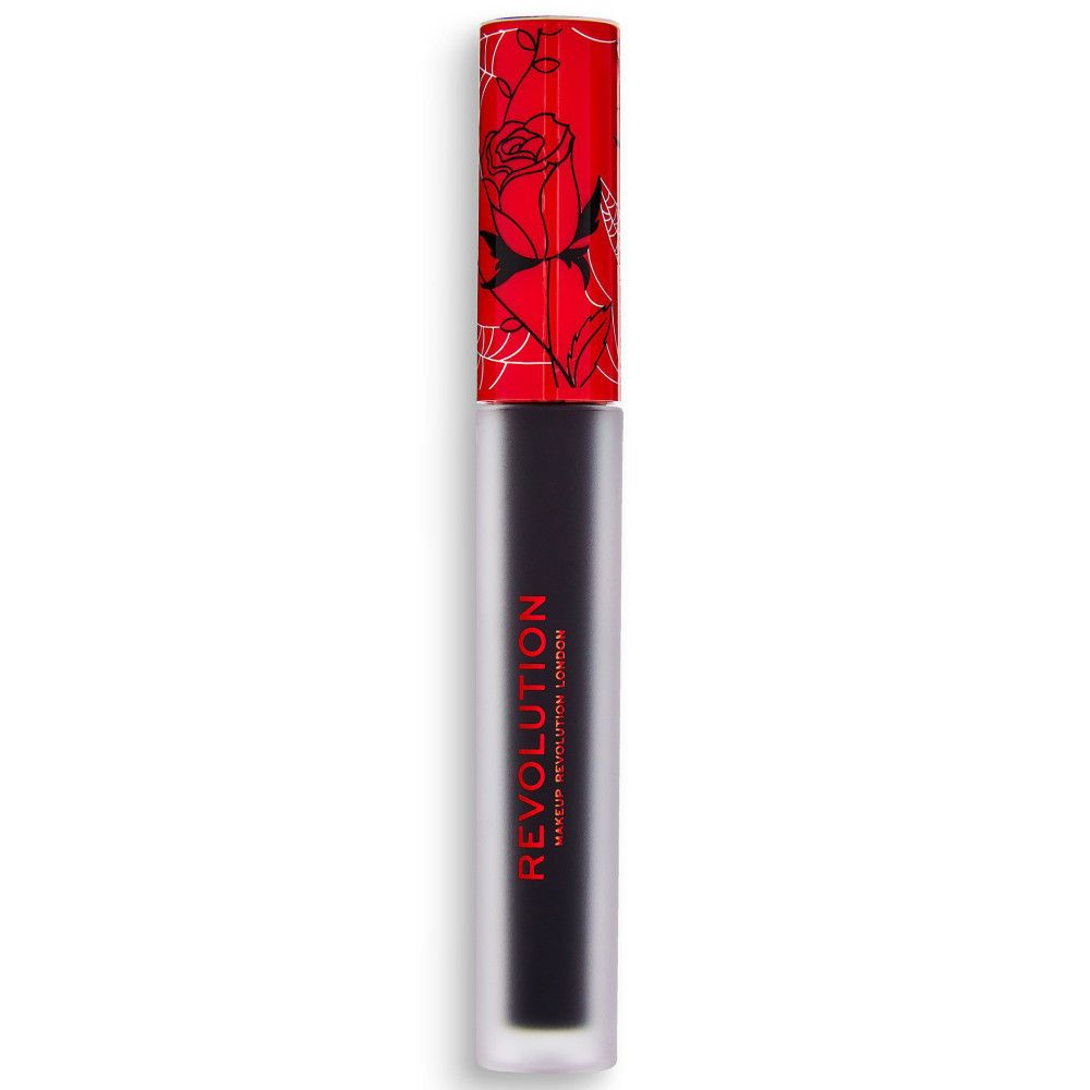 Rouge à lèvres liquide noir fermé. Capuchon rouge à motifs floraux. Marque: Revolution.