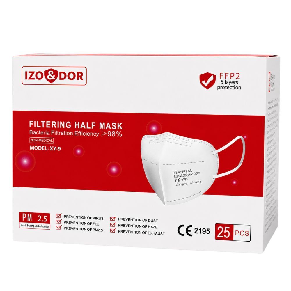 Man met wit FFP2-masker, productverpakking en kenmerken: CE-gecertificeerd, ergonomisch, ideaal voor werk en reizen.