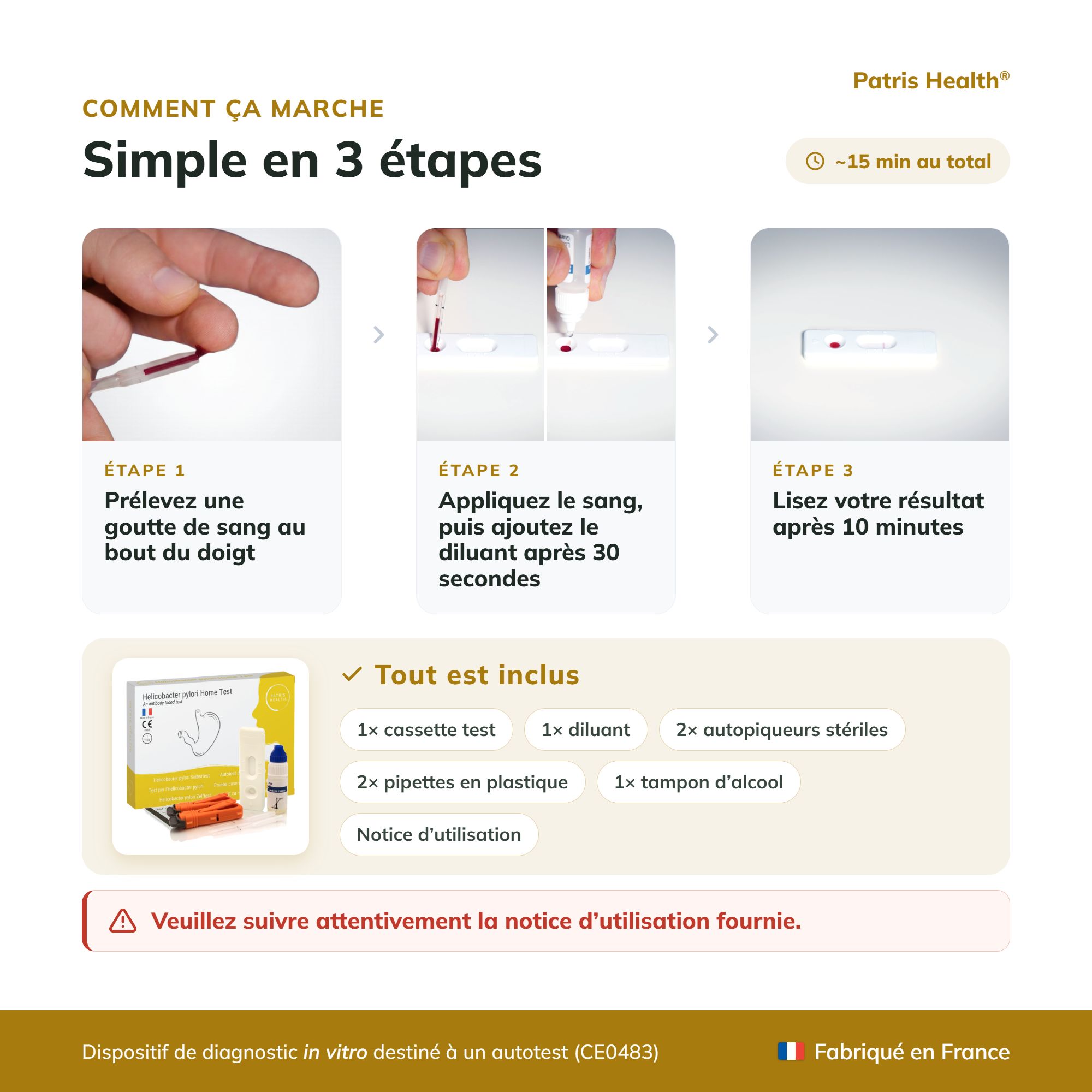 Comment ça marche : Simple en 3 étapes pour le test Helicobacter pylori. Tout est inclus.