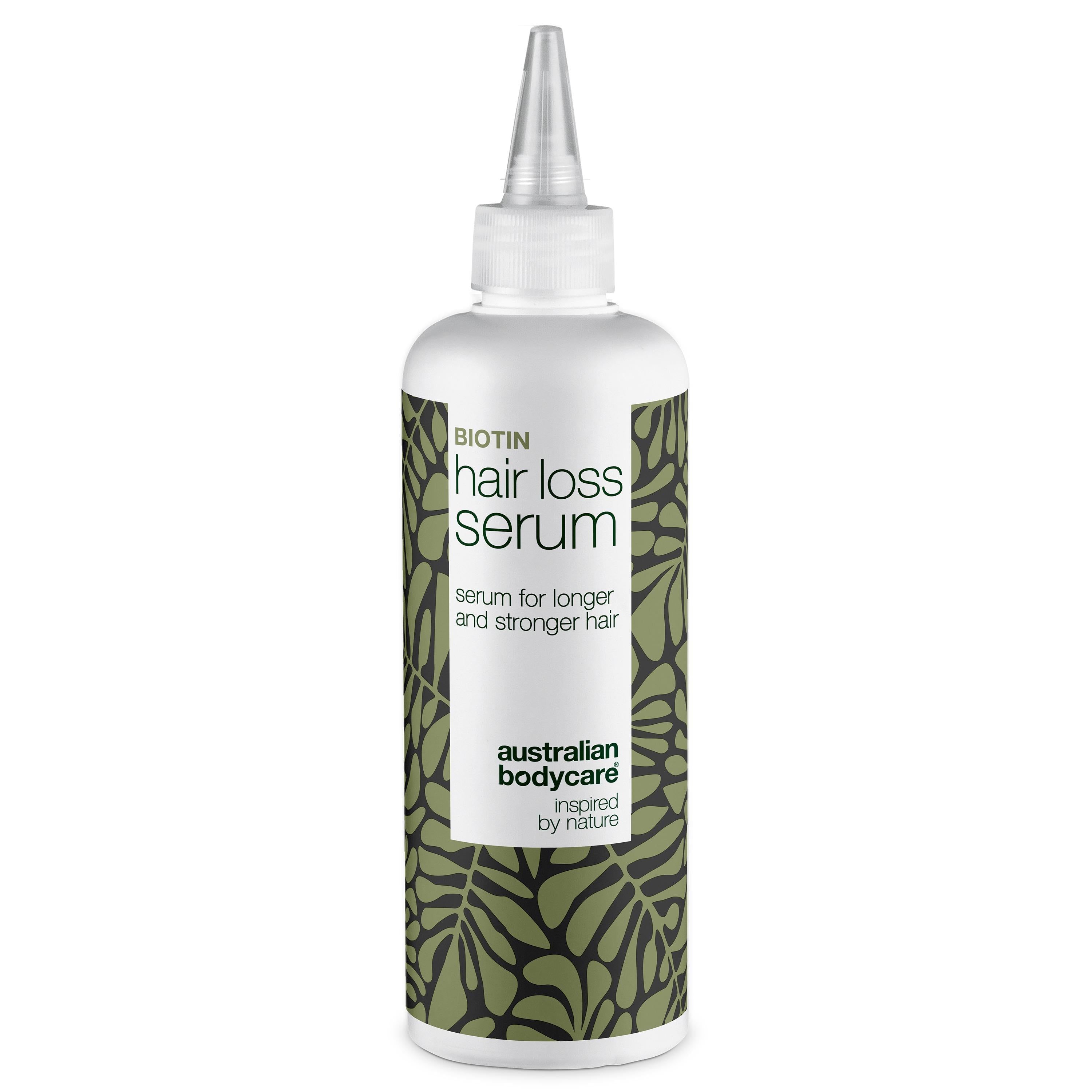 Wit serum met applicator. Opschrift: Biotin Hair Loss Serum. Merk: Australian Bodycare.