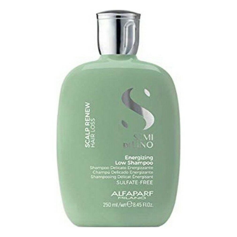 Bouteille verte avec bouchon argenté, Alfaparf Milano Semi di Lino Energizing Low Shampoo.