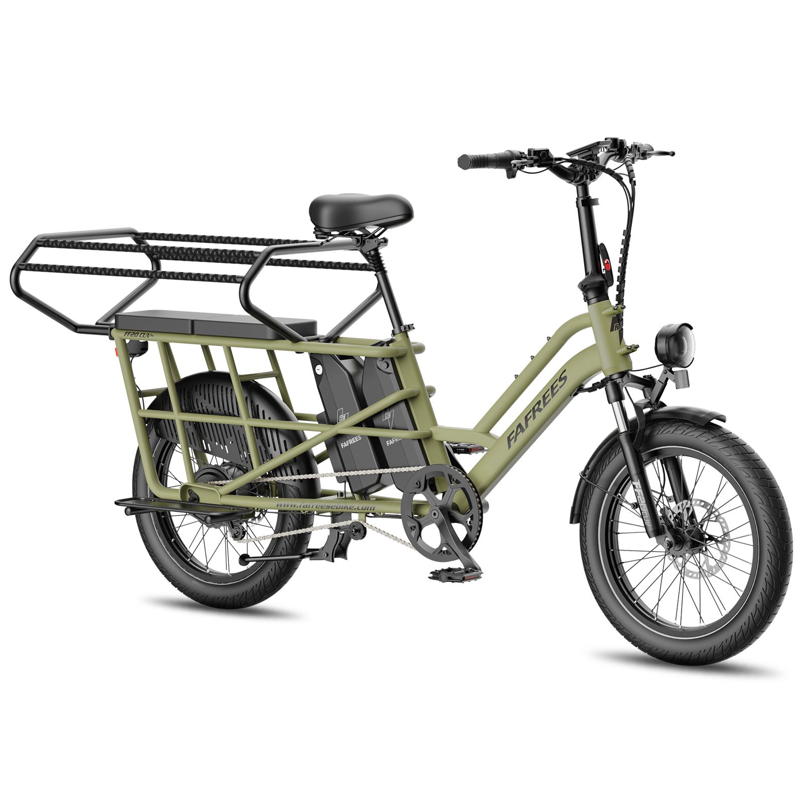 Vélo cargo électrique vert, vue de droite, avec deux batteries.