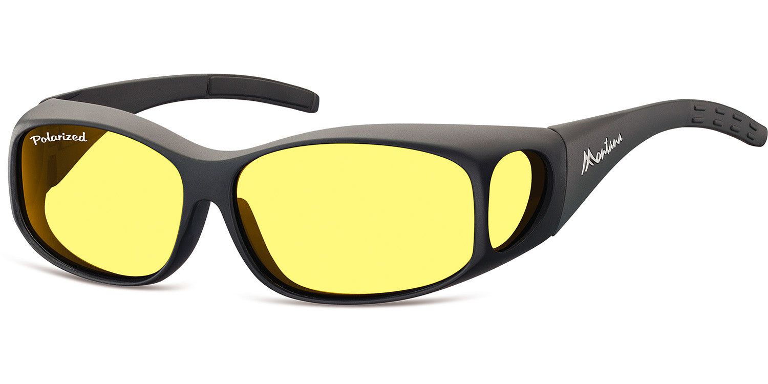 Gele overzet zonnebril. Zwart montuur, zijbescherming. "Polarized" staat op het glas.