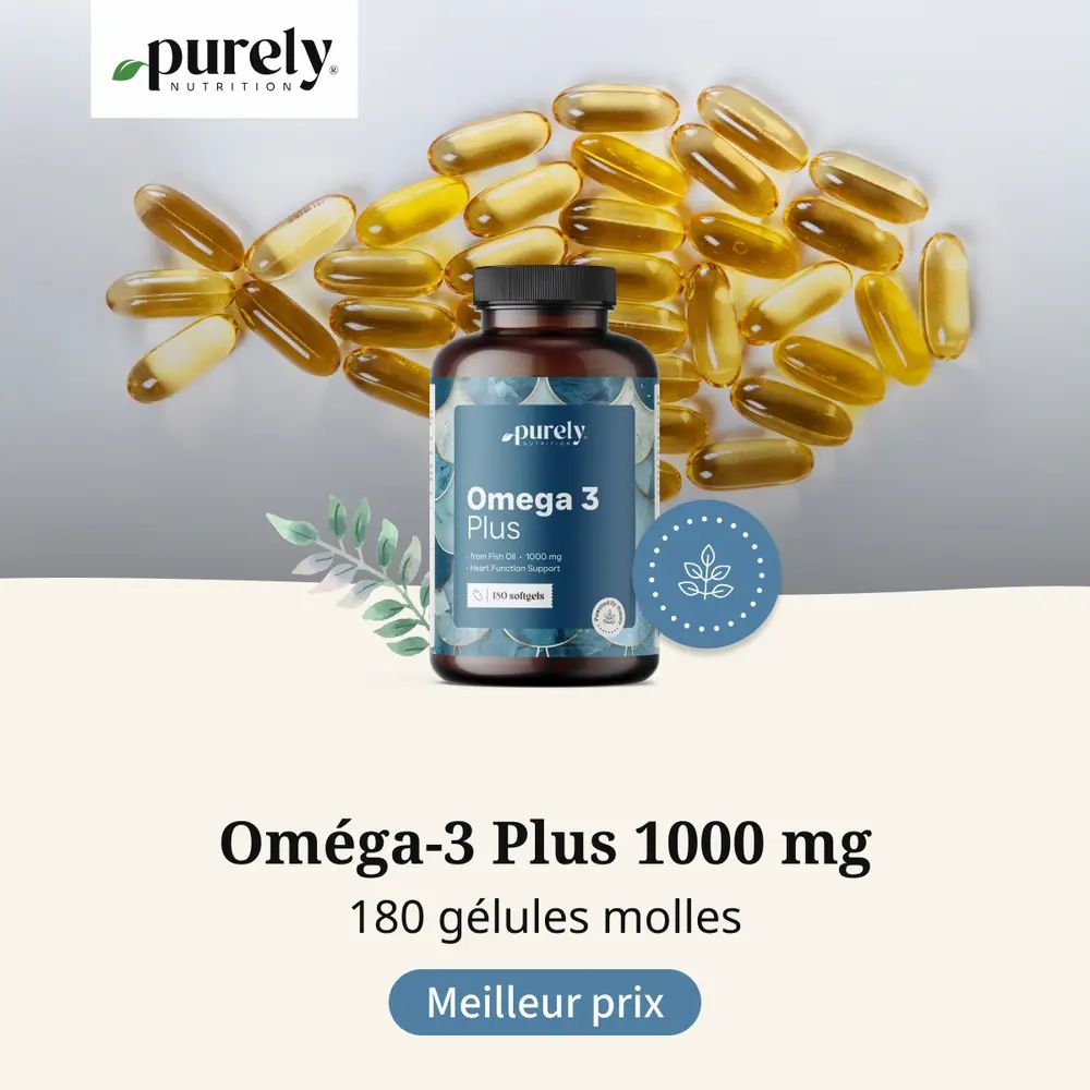 Flacon et capsules. Inscription : Oméga-3 Plus 1000 mg, 180 gélules. Meilleur prix.