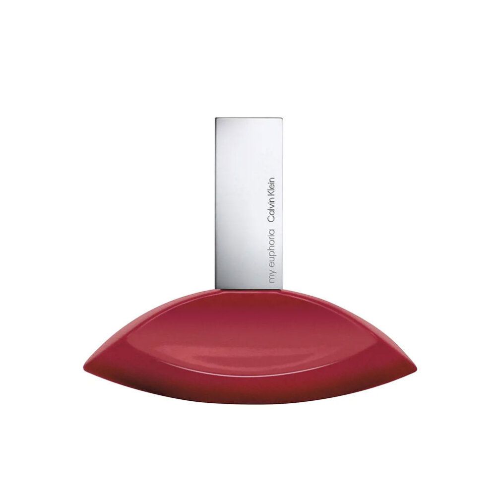 Flacon rouge avec bouchon argenté. Inscription: my euphoria Calvin Klein.