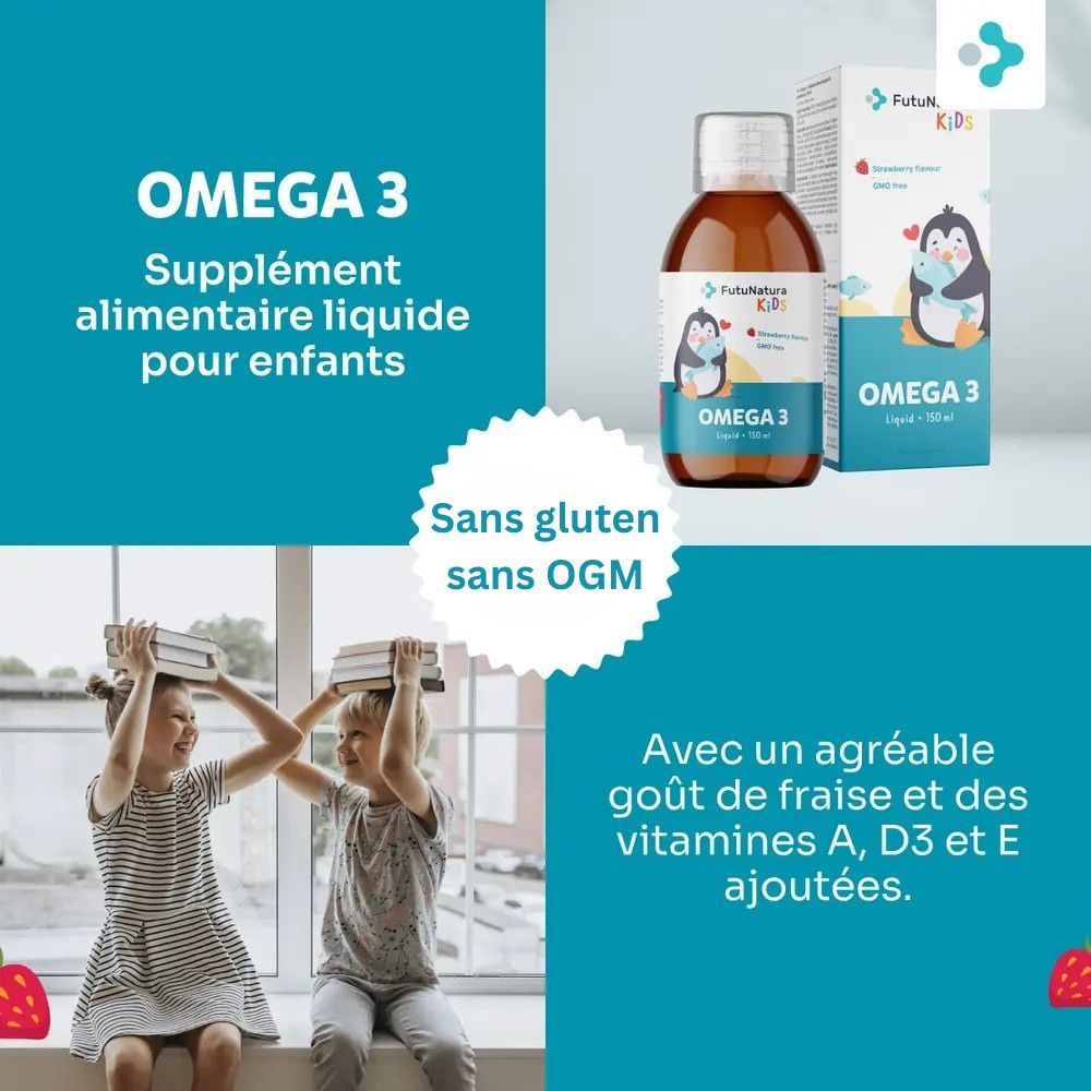 Fond bleu avec texte et image du produit. Texte : Omega 3, complément alimentaire liquide pour enfants. Sans gluten, sans OGM. Illustration de fraise.