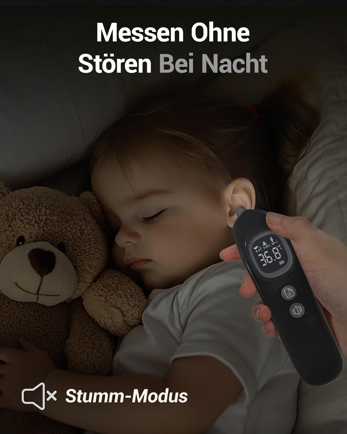 Enfant endormi, thermomètre auriculaire placé sur l'oreille. L'écran affiche la température. Texte : Mesurer sans déranger la nuit. Mode silencieux.