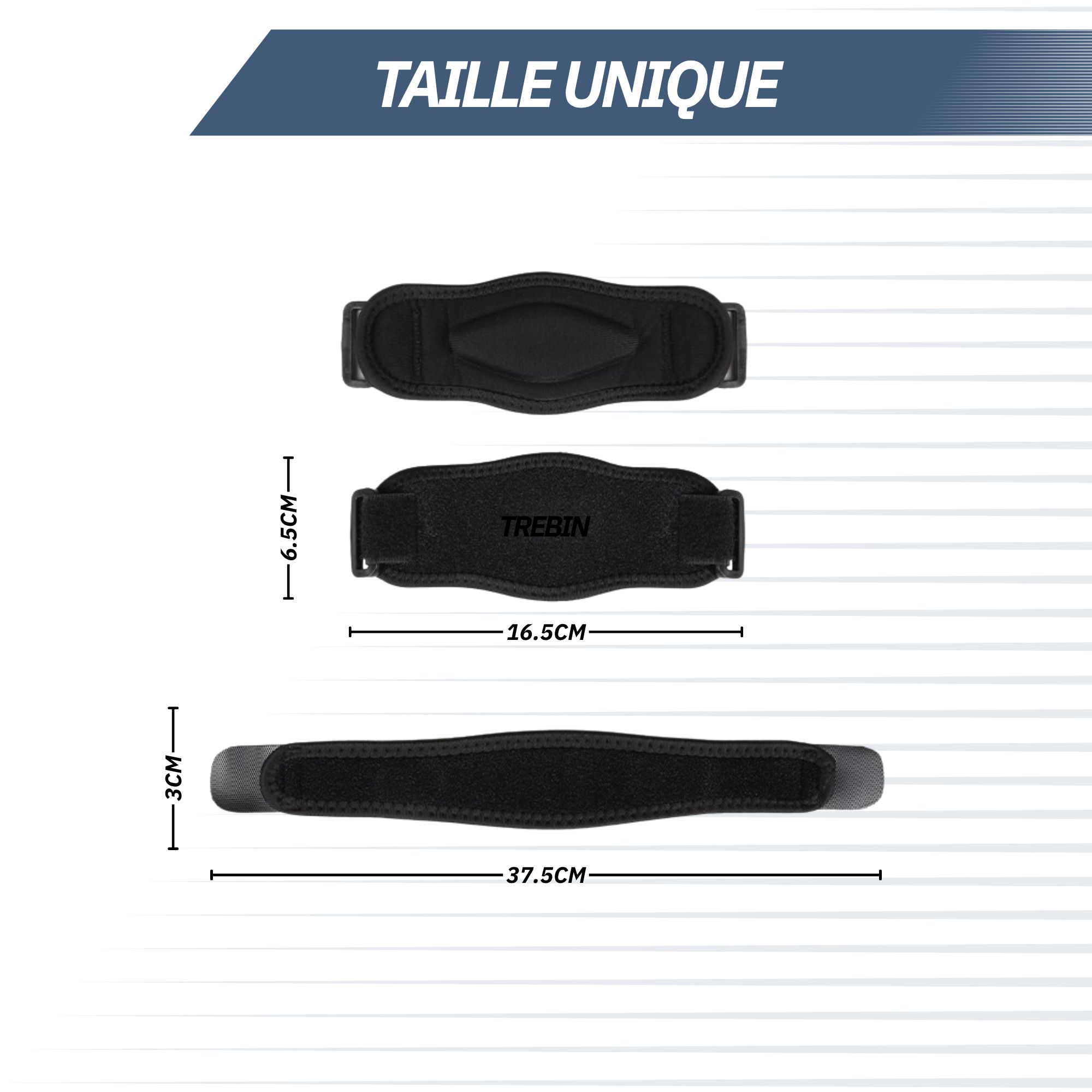Bandage noir avec fermeture velcro et indications de taille.