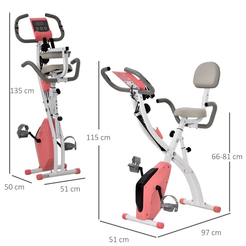 Hometrainer, wit en roze, met afmetingen. Afmetingen: 135x50x51 cm, 115x51x97 cm, hoogte 66-81 cm. Digitaal display.