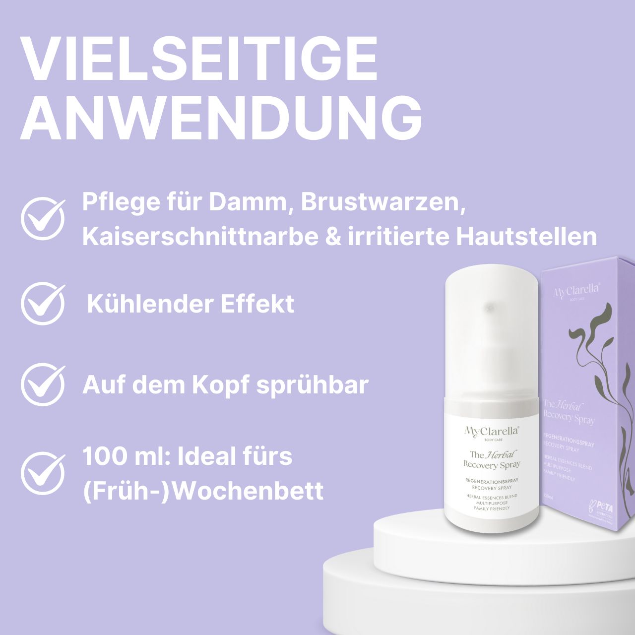Sprayfles en doos. Verzorging voor perineum, tepels, keizersnede-littekens en geïrriteerde huidzones. Verkoelend effect. 100 ml.