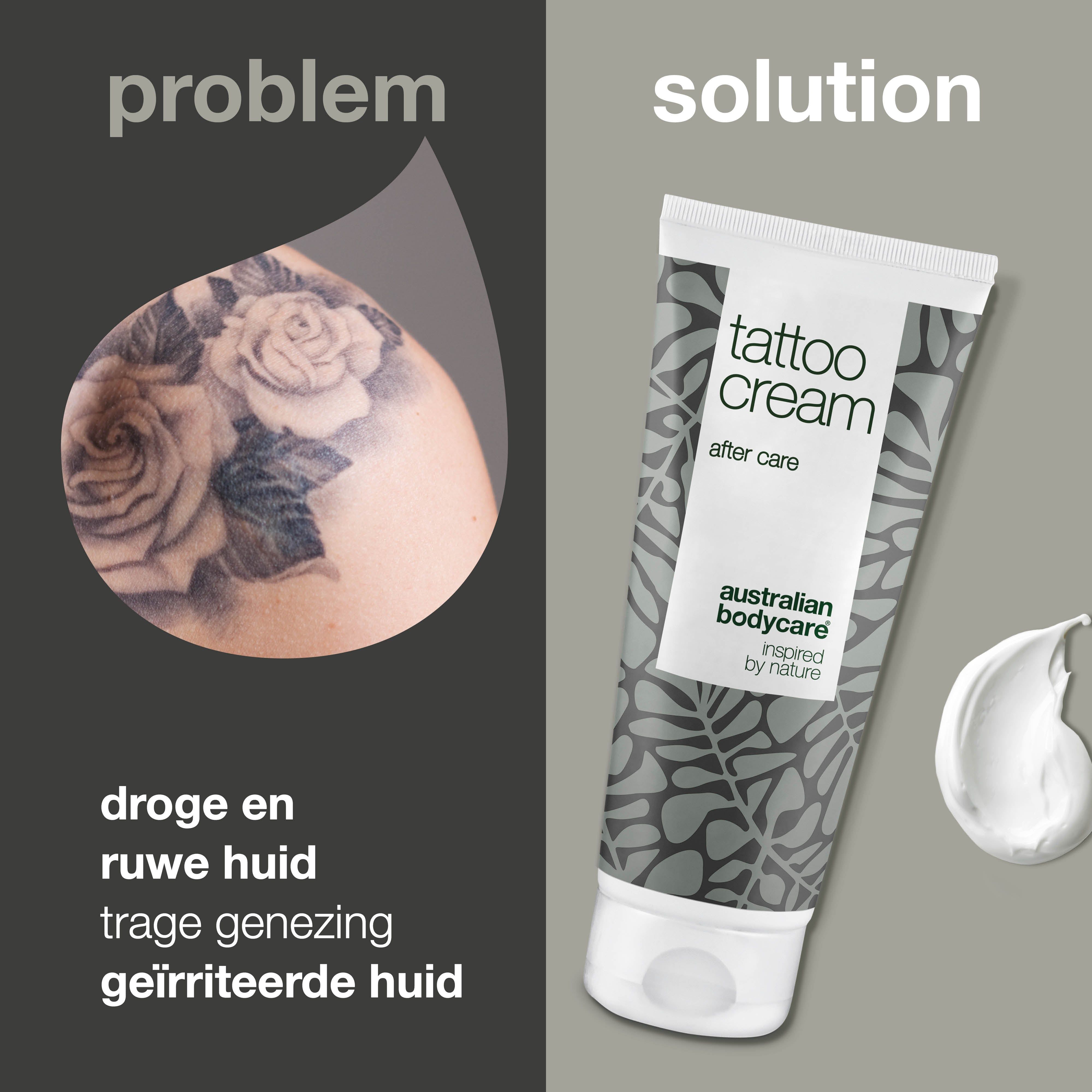 Vergelijking: tatoeage op huid, probleem. Oplossing: tube Tattoo Cream, klodder crème. Tekst: droge en ruwe huid, trage genezing, geïrriteerde huid.