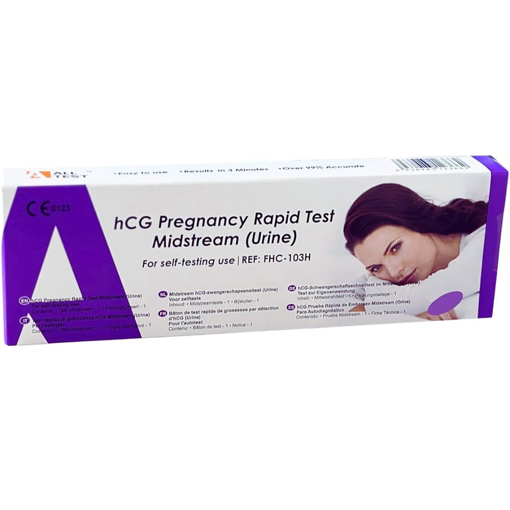 Boîte de test de grossesse hCG. Violet et blanc. Contient des bandelettes de test. Marquage CE. Femme sur l'emballage.