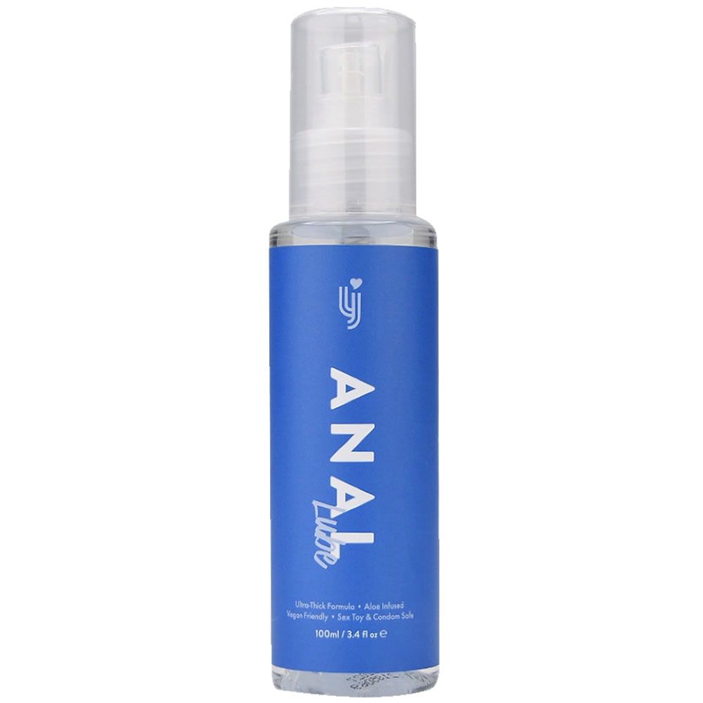 Flacon avec étiquette bleue indiquant 'ANAL Lube' en blanc. Contient une formule ultra-épaisse infusée à l'aloe.