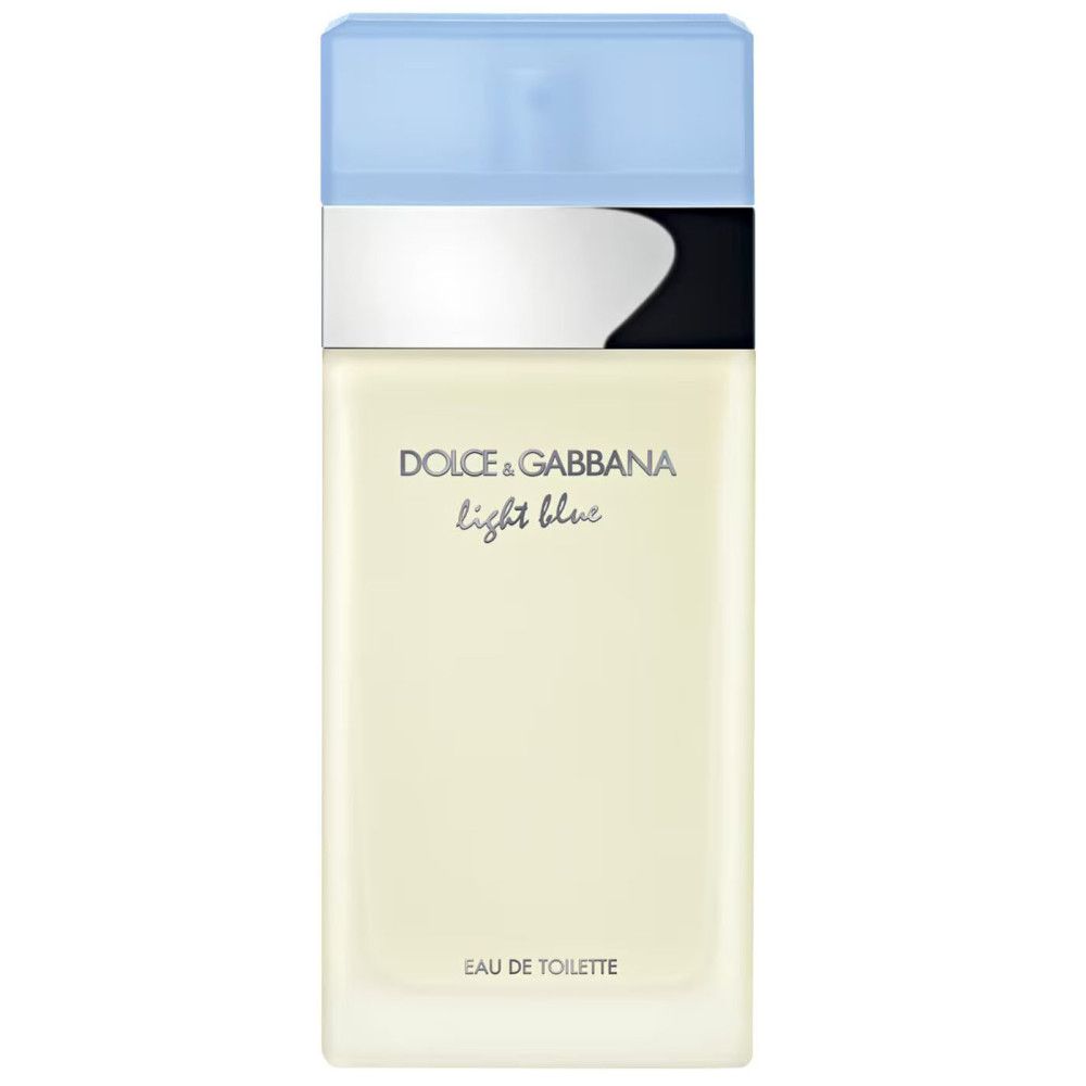 Dolce & Gabbana Light Blue E.d.T. Nat. Spray. Flacon bleu clair avec bouchon bleu clair et bande argentée. Inscription.