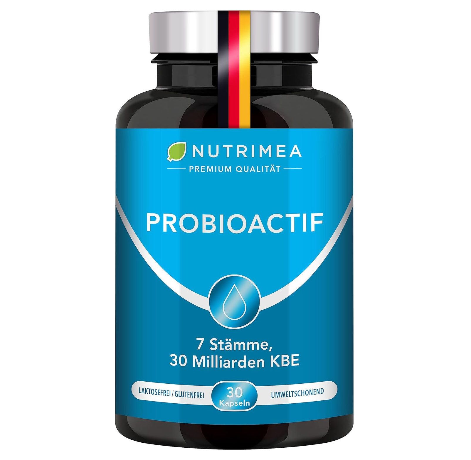 Blauwe fles met capsules. Opschrift: PROBIOACTIF, 7 stammen, 30 miljard KVE. Met Duitse vlag.